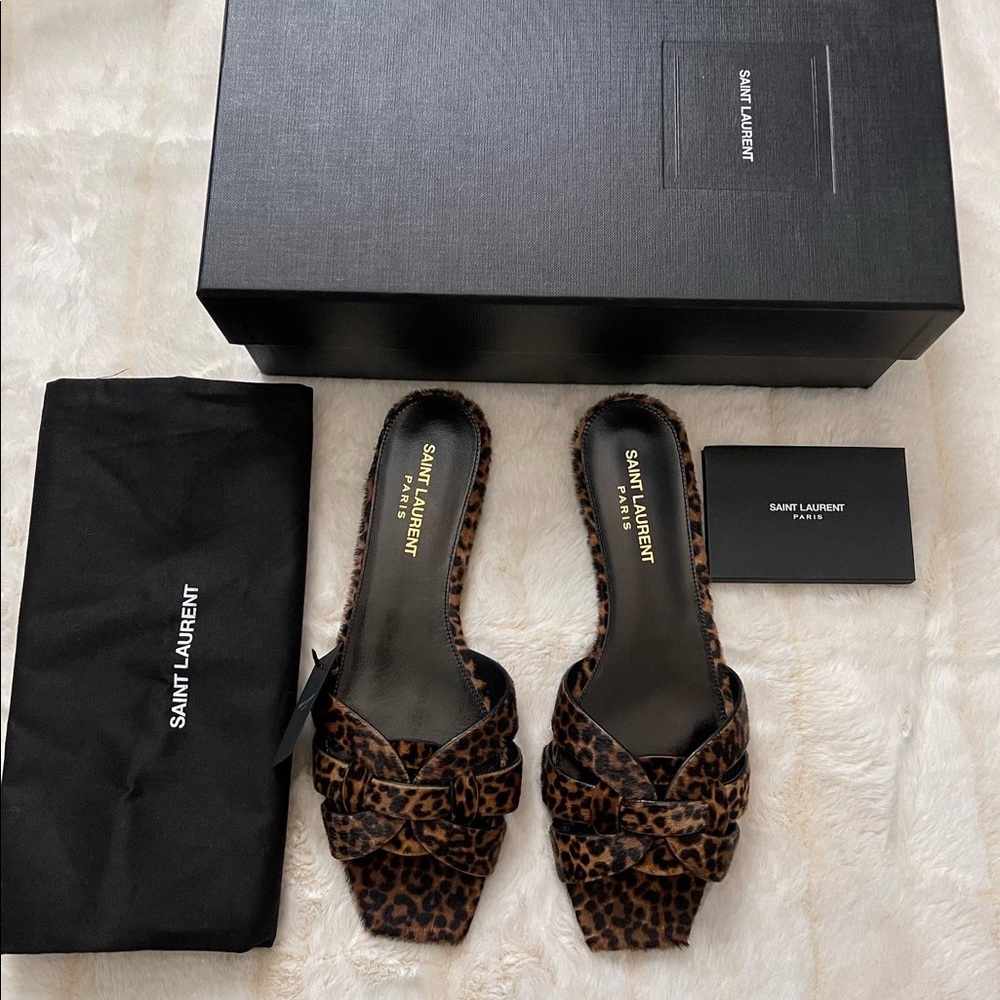 Saint Laurent Leopard-Print Knotted Slide Sandals - Brown/Black - Picture 6 of 9